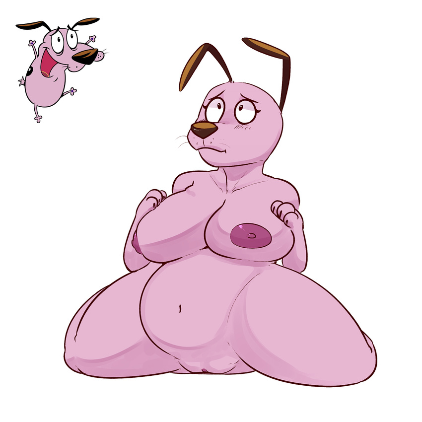 2017 anthro belly big_breasts breast_rest breasts canine cartoon_network courage courage_the_cowardly_dog crossgender cute dog female fur hand_on_breast hi_res komponi mammal navel nipples nude pink_fur pink_nipples pussy simple_background slightly_chubby solo thick_thighs white_background