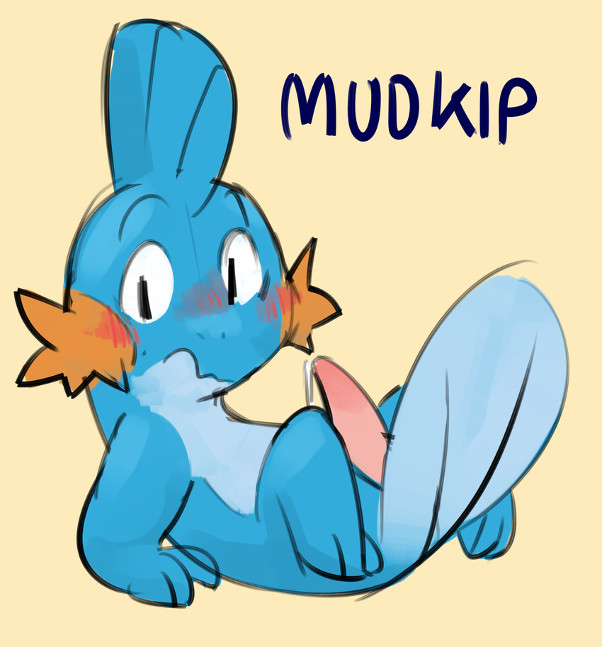 blush countershading dosent embarrassed erection hi_res looking_at_viewer lying male mudkip nintendo on_back penis pok&eacute;mon semi-anthro simple_background solo tan_background tapering_penis video_games