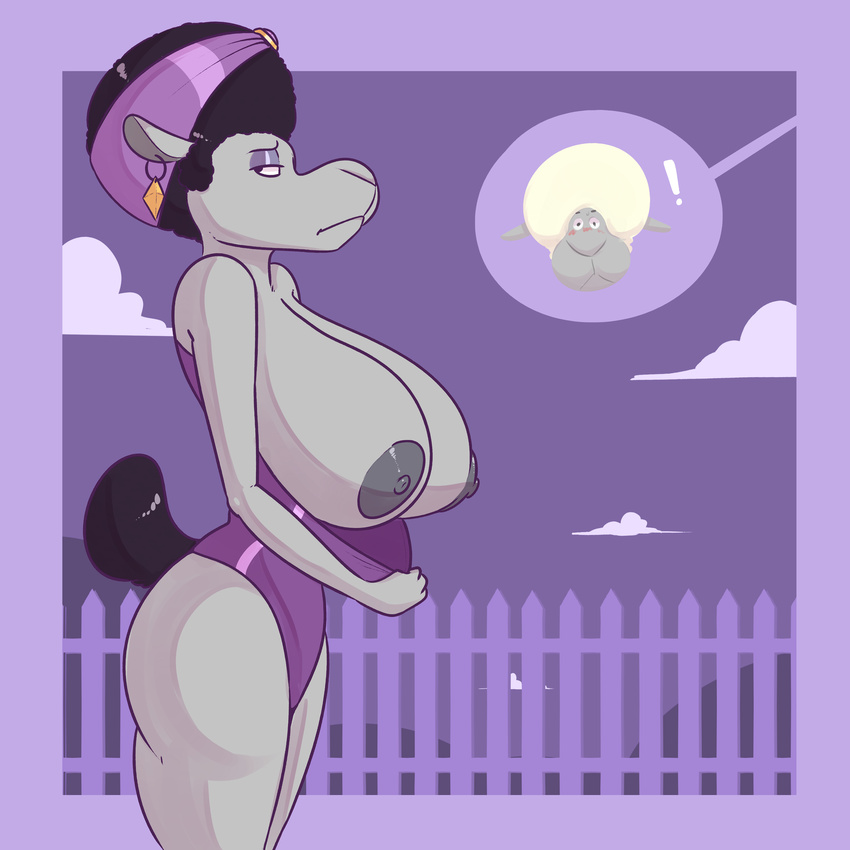 ! 2017 afro anthro big_breasts black_hair black_nipples blush breasts caprine clothing cloud day ear_piercing eddie_noodleman eyeshadow female fence flashing hair hi_res huge_breasts jewelry komponi makeup male mammal nana_noodleman nipples outside piercing sheep simple_background sing_(movie) solo_focus swimsuit undressing