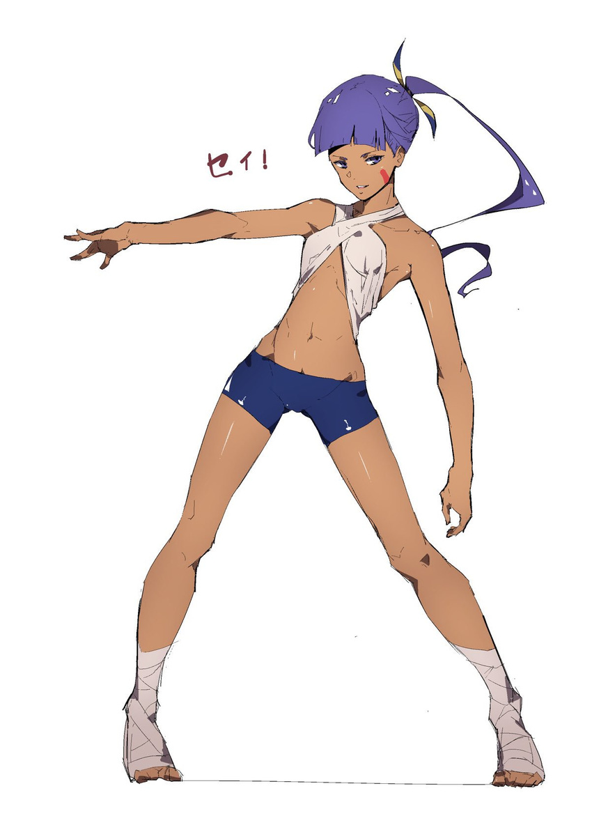 alternate_costume bare_shoulders bike_shorts commentary_request dark_skin facial_mark fate/grand_order fate_(series) full_body highres jikatarou long_hair looking_at_viewer midriff navel nitocris_(fate/grand_order) open_mouth ponytail purple_eyes purple_hair smile solo standing toes white_background