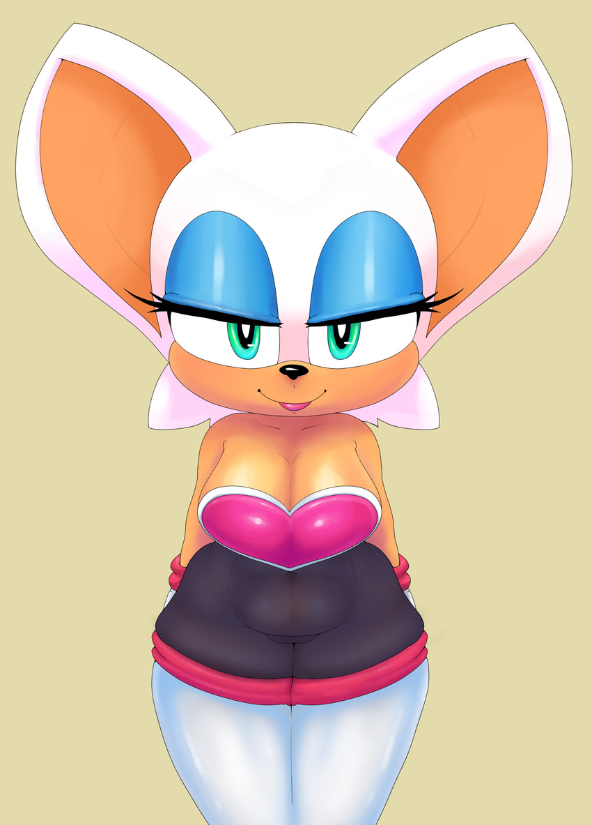 absurd_res anthro bat big_breasts breasts cleavage clothed clothing eyeshadow female gloves green_eyes hands_behind_back hi_res legwear makeup mammal punkinillus rouge_the_bat simple_background solo sonic_(series) standing thigh_highs