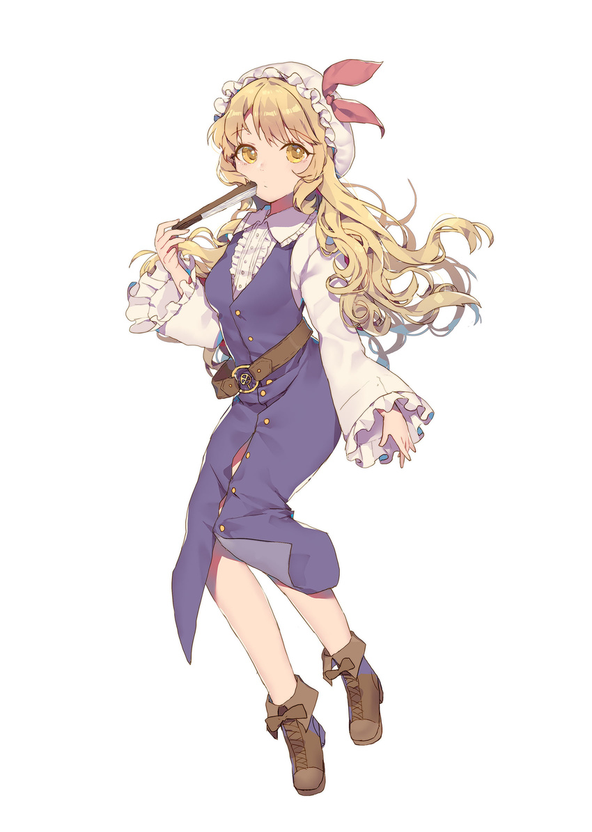 acidear bangs belt blonde_hair boots bow brown_footwear buttons closed_mouth expressionless fan folding_fan full_body hat hat_bow highres long_hair long_skirt long_sleeves looking_at_viewer mob_cap purple_skirt red_bow simple_background skirt solo touhou vest watatsuki_no_toyohime wavy_hair white_background wide_sleeves yellow_eyes