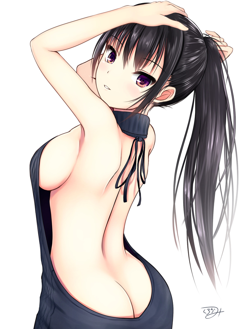absurdres aran_sweater ass backless_dress backless_outfit bangs bare_back bare_shoulders black_hair black_sweater blush breasts butt_crack dress eyebrows_visible_through_hair hair_between_eyes halterneck highres kurokami_(kurokaminohito) large_breasts long_hair looking_at_viewer meme_attire naked_sweater original parted_lips ponytail ribbed_sweater sideboob simple_background smile solo sweater sweater_dress turtleneck turtleneck_sweater virgin_killer_sweater white_background