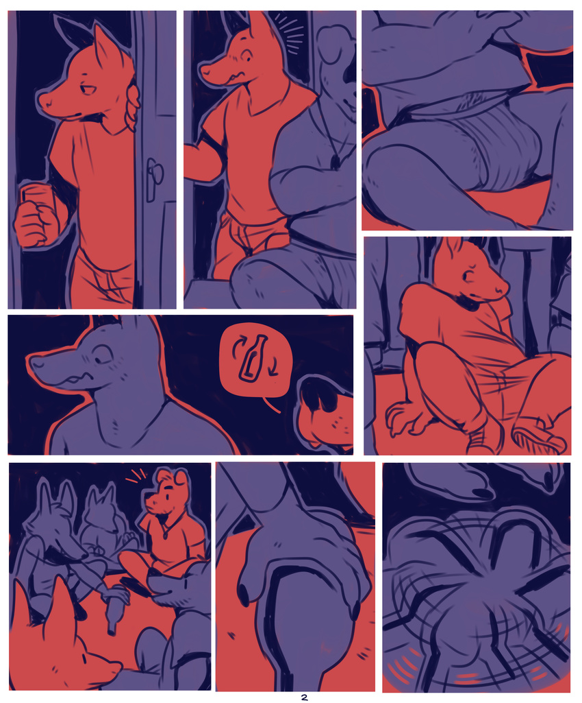 alcohol anthro beer beverage blush bottle bulge canine clothing comic crowd dog duo_focus footwear glitter_trap_boy group hi_res jockstrap male mammal pubes restricted_palette shoes spin_the_bottle standing underwear