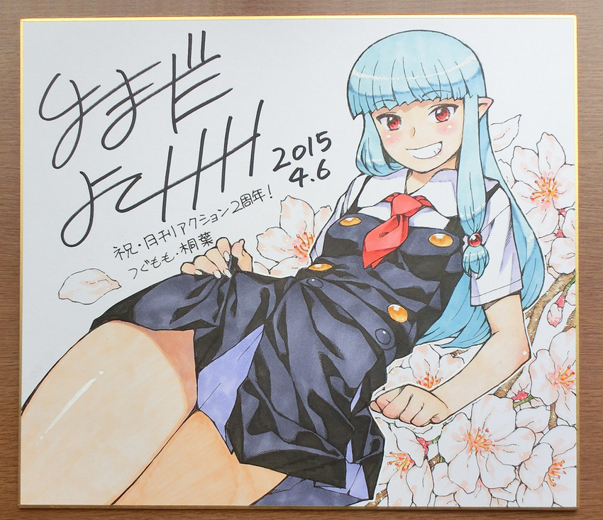 2015 artist_name bangs blue_hair blunt_bangs commentary_request dated flower flower_request grin hamada_yoshikazu kiriha_(tsugumomo) looking_at_viewer making_of marker_(medium) official_art pointy_ears red_eyes school_uniform shikishi smile solo traditional_media translation_request tsugumomo