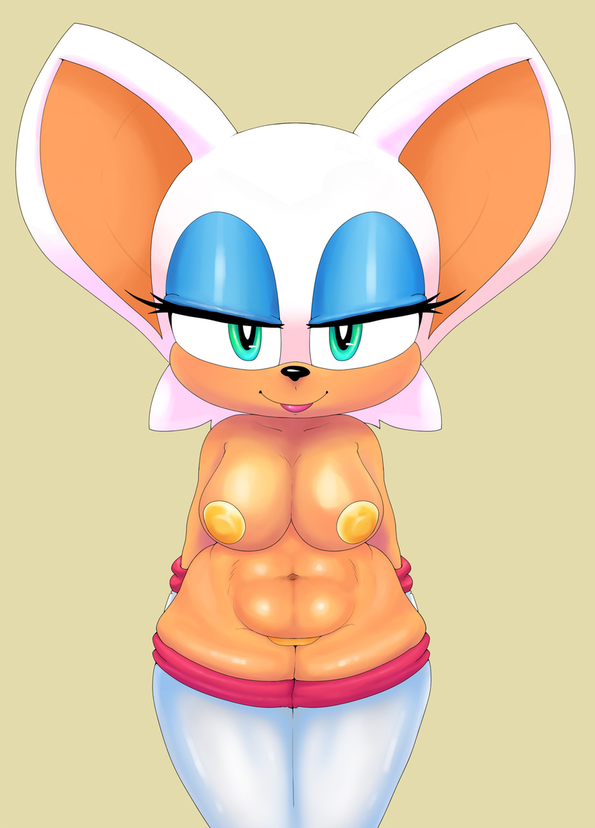 anthro bat big_breasts breasts clothing eyeshadow female gloves green_eyes hands_behind_back hi_res legwear makeup mammal navel pasties punkinillus rouge_the_bat simple_background solo sonic_(series) standing thigh_highs