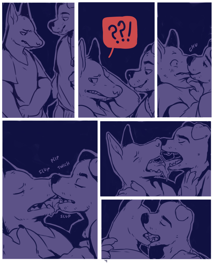 ?! anthro blush canine clothed clothing comic dog duo embarrassed eyes_closed french_kissing glitter_trap_boy hi_res kissing male male/male mammal restricted_palette saliva saliva_string smile tongue tongue_out