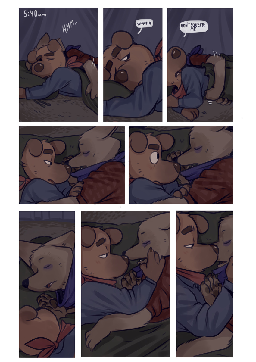 anthro black_eye canine clothed clothing comic coyote cuddling dog english_text eyes_closed fire glitter_trap_boy hand_on_cheek hi_res imminent_kiss lying male mammal neckerchief open_mouth sheriff_dogo sleeping sleeping_bag text