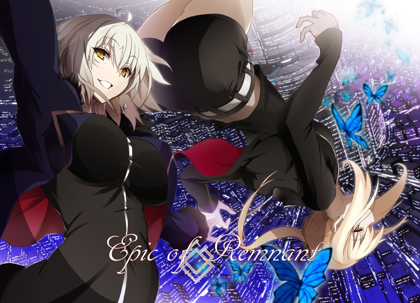ahoge arm_up artoria_pendragon_(all) bangs black_dress black_shorts blonde_hair breasts brown_eyes bug butterfly commentary_request dress eyebrows_visible_through_hair falling fate/grand_order fate_(series) fur_trim grey_hair grin hair_between_eyes highres hood hoodie insect jacket jeanne_d'arc_(alter)_(fate) jeanne_d'arc_(fate)_(all) large_breasts looking_at_viewer multiple_girls open_clothes open_hoodie open_jacket parted_lips ponytail profile saber_alter short_shorts shorts sidelocks smile vane yellow_eyes