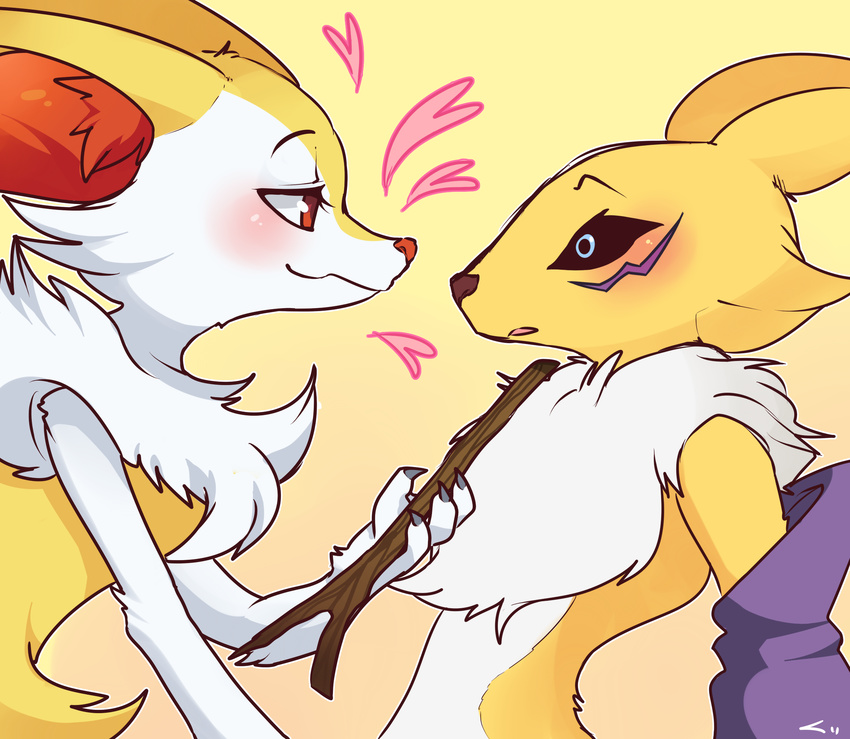 &lt;3 ambiguous_gender anthro black_sclera blush braixen canine crossover digimon duo female fox fur inner_ear_fluff kuranocat mammal nintendo pok&eacute;mon renamon video_games white_fur yellow_fur