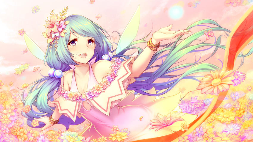 :d blue_eyes blue_hair bracelet breasts cleavage collarbone dress field floating_hair flower flower_field gogatsu_no_renkyuu green_hair hair_flower hair_ornament hatsune_miku highres jewelry long_hair multicolored_hair open_mouth outstretched_arms pink_dress sleeveless sleeveless_dress small_breasts smile solo two-tone_hair very_long_hair vocaloid wings