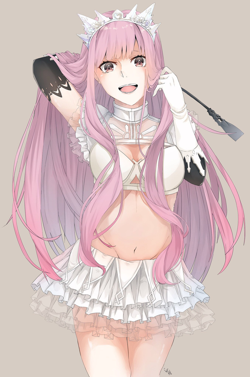:d breasts cleavage elbow_gloves fate/grand_order fate_(series) gloves grey_background groin hand_in_hair heart heart-shaped_pupils highres holding_whip kogeta_kaori long_hair medb_(fate)_(all) medb_(fate/grand_order) medium_breasts navel open_mouth pink_hair smile solo symbol-shaped_pupils upper_body whip