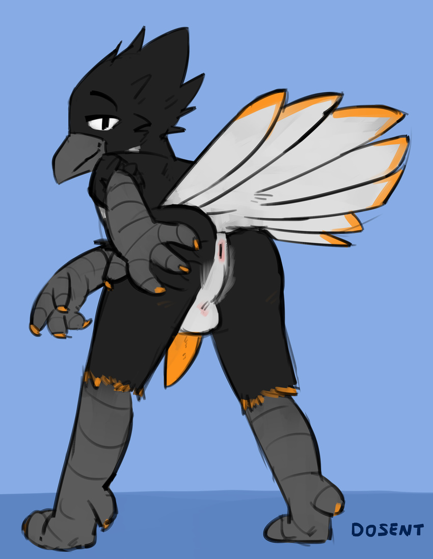 anthro anus avian bird butt claws dosent erection hi_res looking_back male mika_(feypanda) nude orange_penis penis simple_background solo spread_butt spreading standing tapering_penis