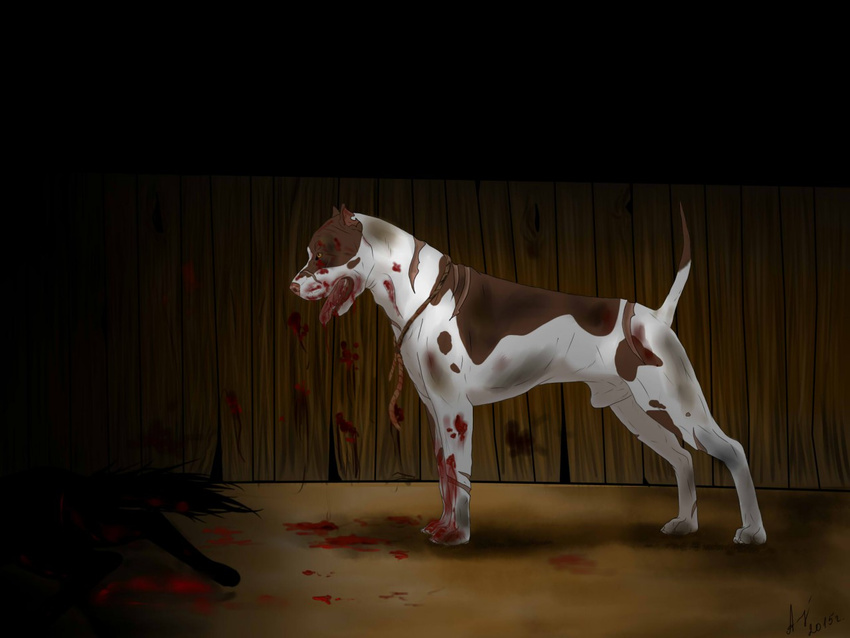 2015 after_fight animal_genitalia blood brown_eyes brown_skin canine cinta dark dirt dog duo fence feral fight gore grimdark male mammal multicolored_skin pink_nose pitbull raised_tail sheath short_ears standing white_skin wounded