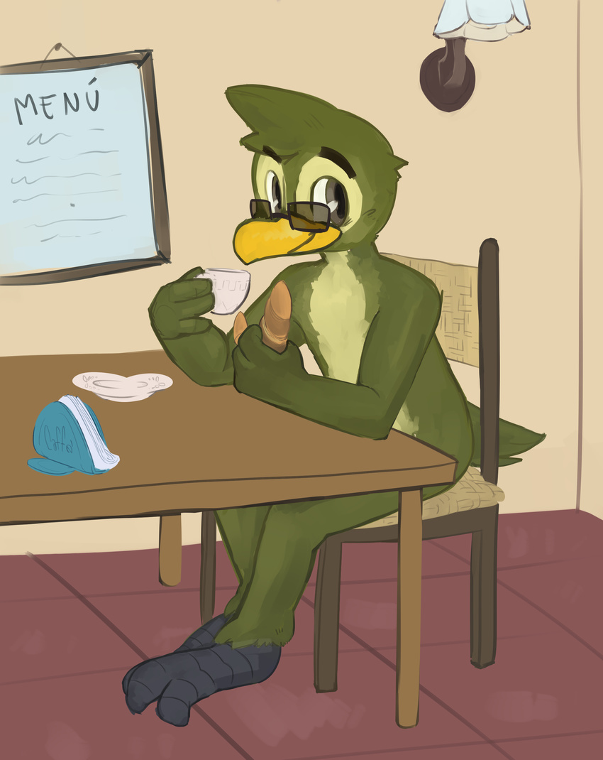 2016 anthro avian barefoot bird casual_nudity chair croissant cup dosent eating eyewear giovanni_da_milano hi_res lamp looking_at_viewer male menu napkin nude penguin sitting solo sunglasses