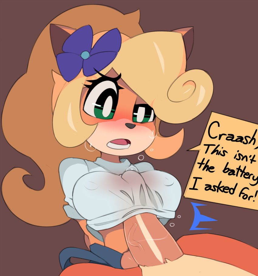 2017 anthro balls bandicoot blonde_hair blush breasts brother brother_and_sister brown_background captaineaglesmut clothed clothed_sex clothing coco_bandicoot crash_bandicoot crash_bandicoot_(series) digital_media_(artwork) duo english_text eyelashes female flower green_eyes hair hi_res incest long_hair male male/female mammal marsupial nipples open_mouth panting penis plant sex sibling simple_background sister solo_focus sweat text titfuck titfuck_under_clothes vein video_games white_shirt