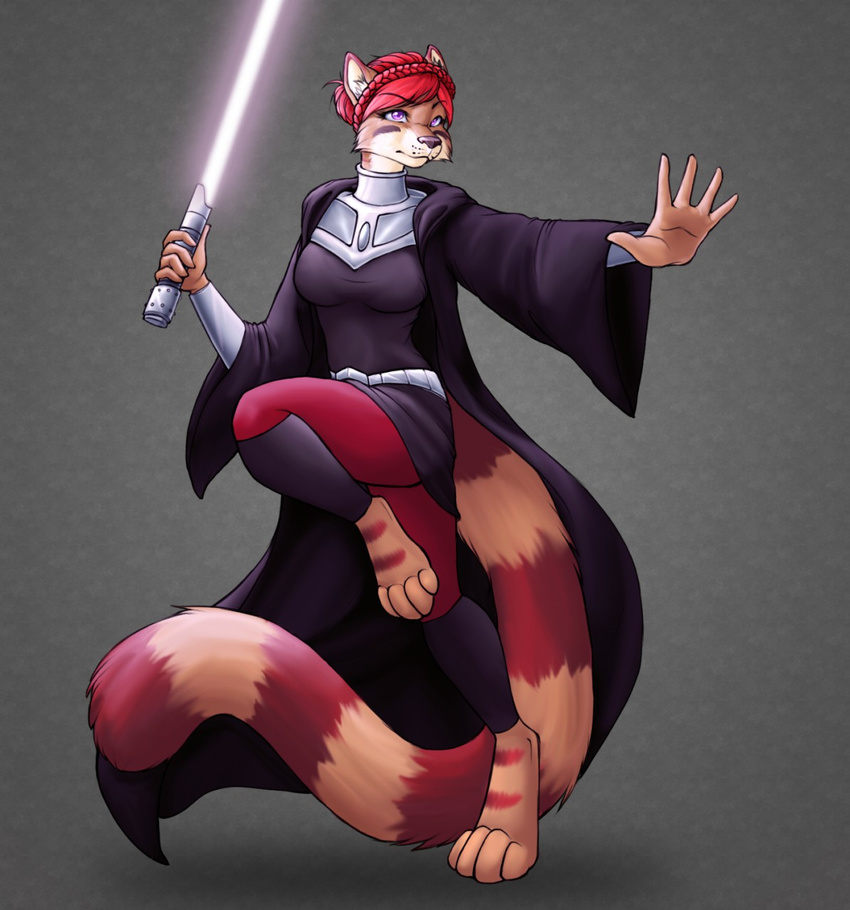 andean_mountain_cat barefoot clemikou feline hair lightsaber mammal melee_weapon paws perdia_detami pose purple_eyes red_hair robes star_wars weapon