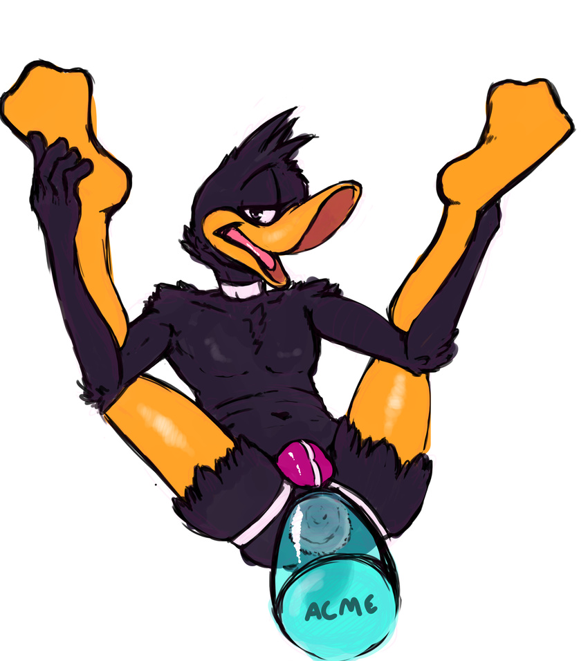 2015 absurd_res anal anal_penetration anthro anus avian beak bird black_feathers bulge clothing daffy_duck digital_media_(artwork) dovne duck feathers gaping gaping_anus hi_res holding_leg jockstrap legs_up looking_at_viewer looney_tunes male open_mouth penetration simple_background solo spread_legs spreading tongue toy translucent underwear warner_brothers white_background