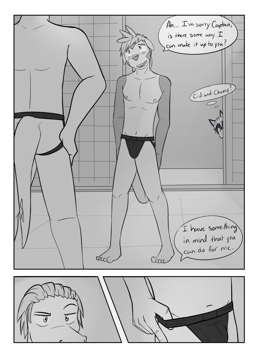 anthro blush chespin clothing comic dialogue fuze grey_background hair hi_res imminent_sex jockstrap litten locker_room male nintendo pok&eacute;mon simple_background text totodile underwear video_games