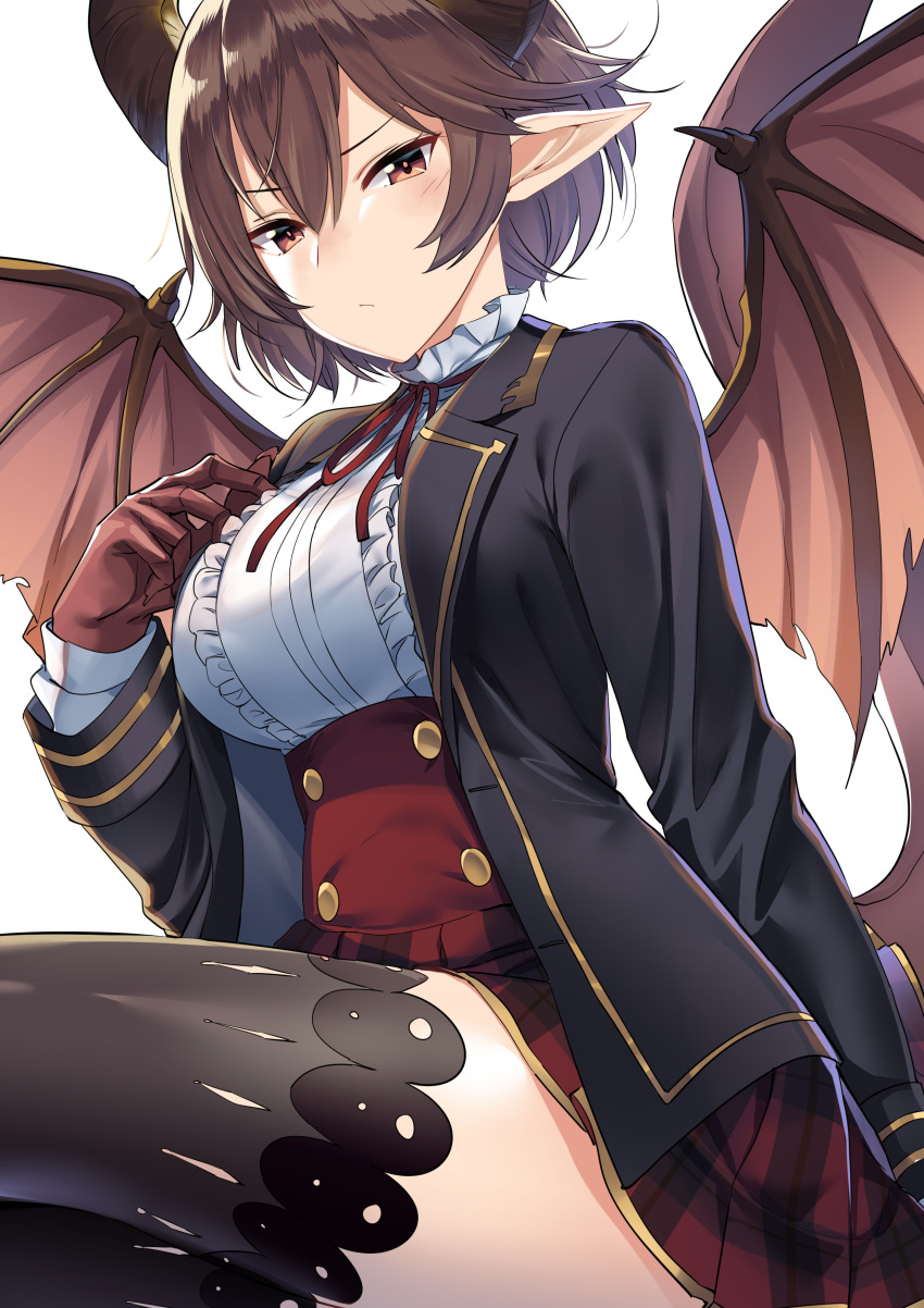 1girl absurdres black_jacket black_legwear blazer blush breasts brown_hair buttons center_frills dragon_girl dragon_horns dragon_tail dragon_wings granblue_fantasy grea_(shingeki_no_bahamut) hair_between_eyes highres horns jacket jun_project large_breasts long_sleeves looking_at_viewer plaid plaid_skirt pointy_ears red_eyes red_skirt shingeki_no_bahamut shirt short_hair simple_background skirt solo tail thighhighs white_background white_shirt wings zettai_ryouiki