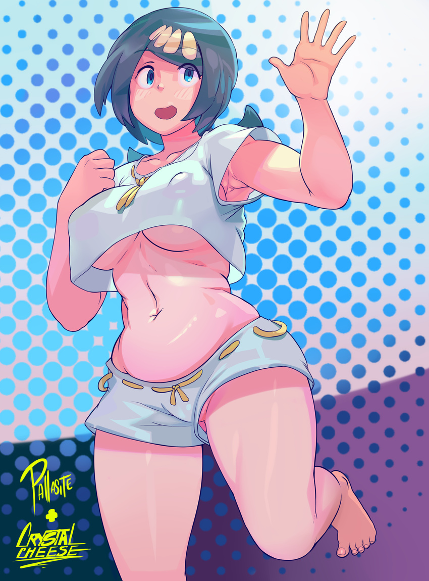 1girl absurdres armpits artist_name blue_background blue_eyes blue_hair blush breasts collarbone crystal_cheese erect_nipples feet hair_ornament large_breasts midriff navel no_bra no_panties no_underwear open_mouth pallasite partially_visible_vulva pokemon pokemon_(anime) pokemon_sm pokemon_sm_(anime) short_hair short_shorts shorts signature smile solo standing standing_on_one_leg suiren's_mother_(pokemon) text thighs underboob waving