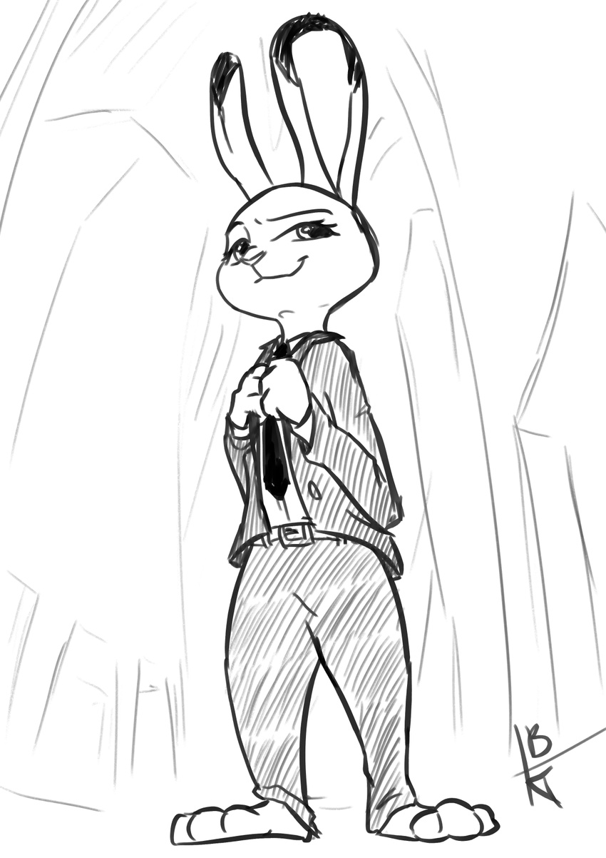 2017 anthro barefoot belt black_and_white clothed clothing disney female ittybittykittytittys judy_hopps lagomorph mammal monochrome necktie outside rabbit signature solo standing suit zootopia