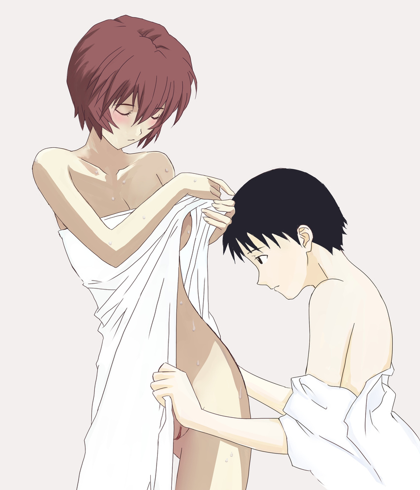 1boy 1girl age_difference artist_request black_eyes black_hair blush breasts brown_hair cleavage eyes_closed ikari_shinji ikari_yui incest milf mother_and_son naked_towel neon_genesis_evangelion nude pussy sideboob simple_background uncensored wet