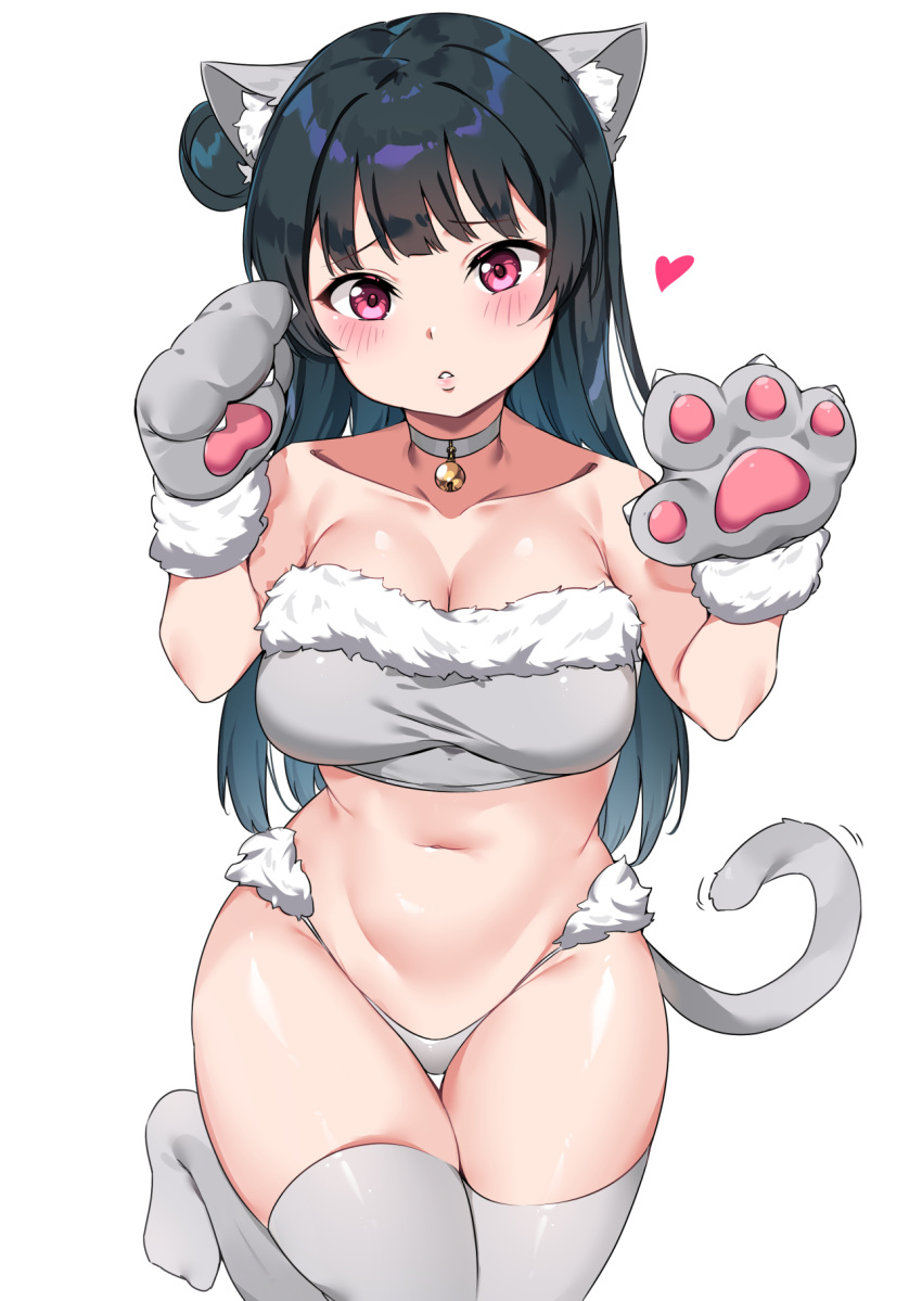 1girl animal_ears bangs bare_shoulders bell bell_choker black_hair blunt_bangs blush bra breasts cat_ears cat_tail choker cleavage collarbone fur_trim gloves hand_up head_tilt heart highres kemonomimi_mode large_breasts long_hair looking_at_viewer love_live! love_live!_sunshine!! navel panties paw_gloves paws pink_eyes side_bun simple_background solo stomach tail tem10 thigh_gap thighhighs tsushima_yoshiko underwear underwear_only white_background white_bra white_choker white_legwear white_panties