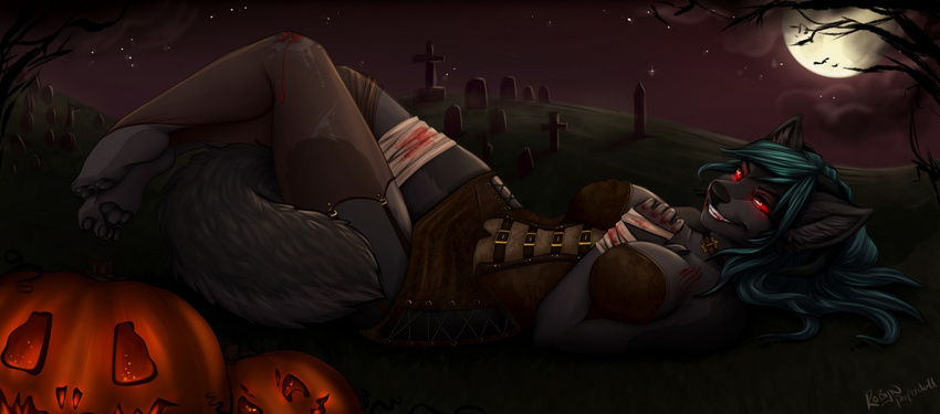 anthro black_nose blood blue_hair breasts canine cemetery clothed clothing cloud detailed_background female food fruit full_moon glowing glowing_eyes grin hair hindpaw jack_o'_lantern looking_at_viewer lying mammal moon night paws pumpkin red_eyes robyn_paperdoll smile solo star tomb_stone