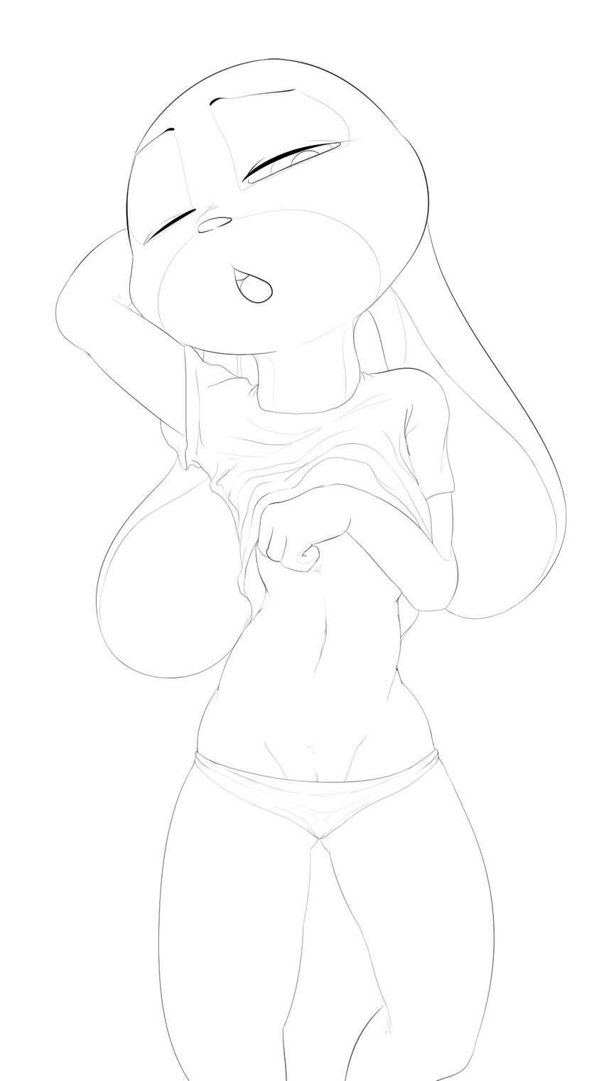 2016 anthro barely_visible_genitalia black_and_white clothed clothing clothing_lift covering covering_self disney dotkwa female flat_chested hi_res judy_hopps lagomorph lying mammal monochrome navel on_back one_eye_closed panties pussy rabbit shirt shirt_lift simple_background solo subtle_pussy underwear white_background zootopia
