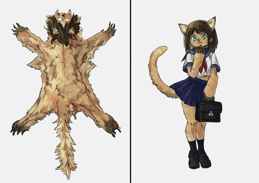 2017 38legio 5_fingers anthro bag cat claws clothed clothing death dress feline female footwear front_view fully fur hair inner_ear_fluff legwear loafers long_hair looking_at_viewer mammal miniskirt sailor_fuku school_uniform shoes simple_background skinning skirt solo standing uniform young