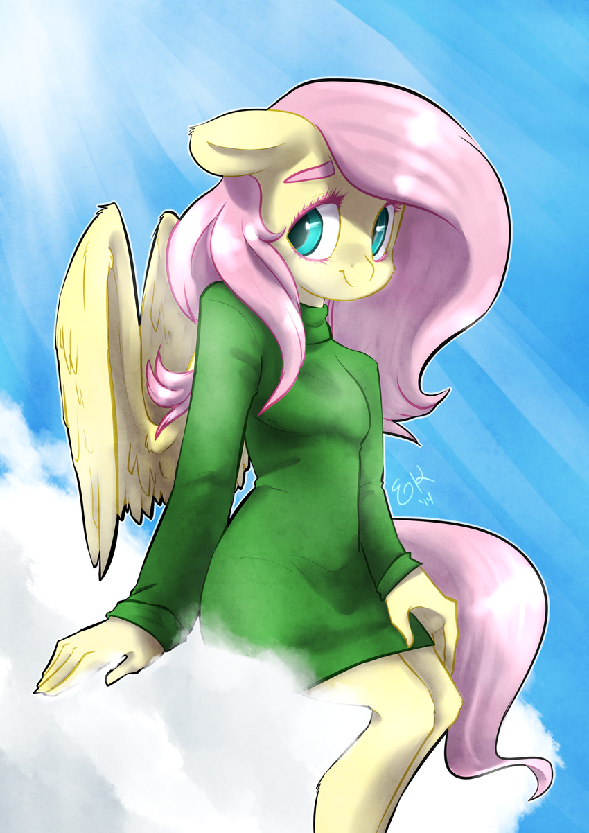 anthro anthrofied avante92 blue_eyes clothing cloud collaboration day equine feathered_wings feathers female floppy_ears fluttershy_(mlp) friendship_is_magic fur hair hi_res lizzyoli-ravioli long_hair mammal my_little_pony outside pegasus pink_hair sitting sky solo sweater wings yellow_feathers yellow_fur