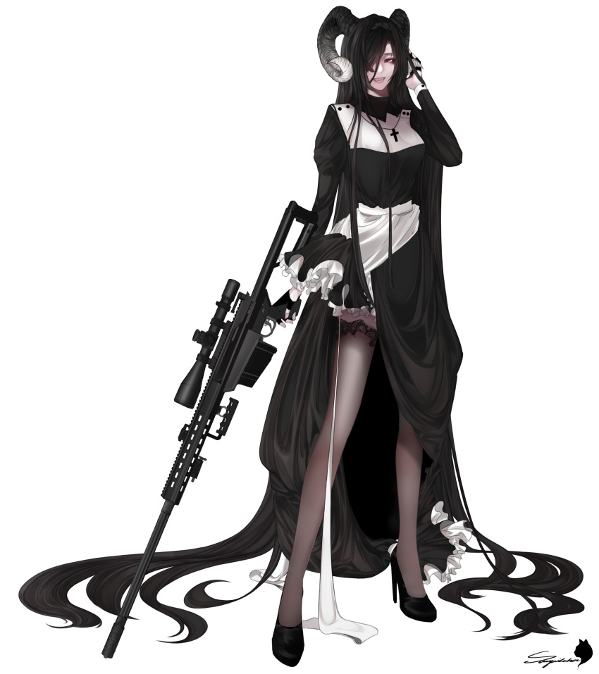 1girl absurdly_long_hair absurdres anti-materiel_rifle apron black_dress black_legwear black_sclera cross cross_necklace dress fangs gun highres horns jewelry long_hair looking_at_viewer maid necklace open_mouth original red_eyes rifle smile sniper_rifle solo suisuwassc thighhighs very_long_hair waist_apron weapon