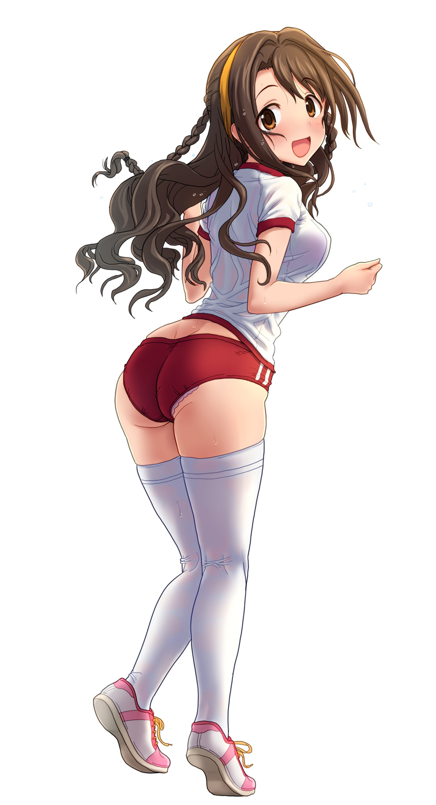 :d absurdres ass blush braid breasts brown_eyes brown_hair buruma commentary_request full_body gym_uniform hairband highres idolmaster idolmaster_cinderella_girls kezune_(i-_-i) long_hair looking_at_viewer looking_back medium_breasts open_mouth panties panties_under_buruma shimamura_uzuki shoes short_sleeves simple_background smile solo sweat thighhighs twin_braids underwear white_background white_footwear white_legwear