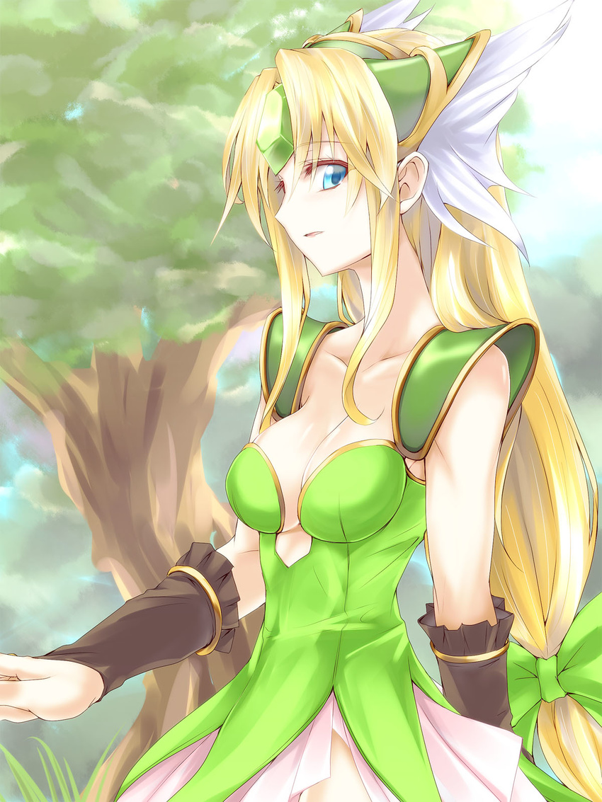 blonde_hair blue_eyes breasts collarbone day dress gem gloves green_dress helmet highres long_hair looking_at_viewer low-tied_long_hair medium_breasts outdoors riesz seiken_densetsu seiken_densetsu_3 silve solo tree very_long_hair