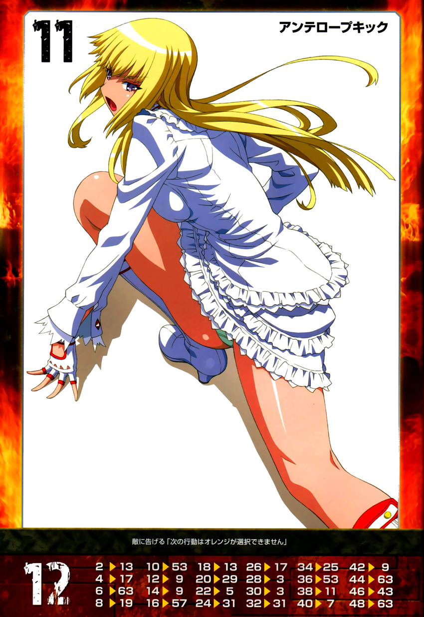 absurdres bangs blonde_hair boots breasts detached_sleeves eyebrows_visible_through_hair fingerless_gloves frilled_skirt frills gloves highres knee_boots lili_(tekken) long_hair long_sleeves looking_at_viewer looking_back medium_breasts morita_kazuaki official_art open_mouth panties purple_eyes queen's_gate simple_background skirt solo tekken underwear white_background