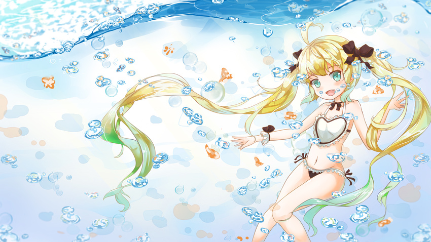 absurdres ahoge albacore_(zhan_jian_shao_nyu) alternate_costume bad_id bad_pixiv_id bangs bikini black_bow black_ribbon blonde_hair bow collarbone floating_hair frilled_bikini frills gradient_hair green_eyes hair_ribbon hand_up highres ice_laozei knees_together_feet_apart light long_hair looking_at_viewer multicolored_hair navel neck_ribbon open_hands open_mouth outstretched_arm ribbon side-tie_bikini single_wrist_cuff smile solo swimsuit underwear waves zhan_jian_shao_nyu