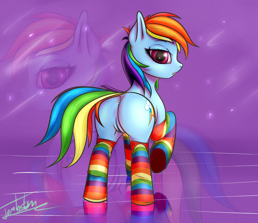 2015 absurd_res anus butt clothing cutie_mark elzzombie equine female feral friendship_is_magic hair hi_res horse legwear looking_at_viewer looking_back mammal multicolored_hair multicolored_tail my_little_pony pony pussy rainbow_dash_(mlp) rainbow_hair rainbow_socks rainbow_tail rear_view solo striped_legwear stripes