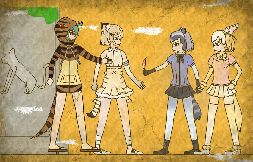 animal_ears aqua_hair bare_shoulders belt black_bow black_eyes black_footwear black_gloves black_hair black_legwear black_skirt blonde_hair blue_shirt bow bowtie breast_pocket brown_hair cat_ears cat_tail clenched_hand closed_mouth commentary_request common_raccoon_(kemono_friends) crack egyptian_art elbow_gloves feathers fennec_(kemono_friends) fox_ears fox_tail from_side full_body fur_collar fur_trim geta gloves grey_hair hand_on_hip high-waist_skirt highres holding_feather hood hoodie kemono_friends kita_(7kita) legs_apart long_sleeves moss multicolored multicolored_hair multicolored_ribbon multiple_girls pink_sweater pleated_skirt pocket profile puffy_short_sleeves puffy_sleeves raccoon_ears raccoon_tail red_eyes ribbon sand_cat_(kemono_friends) shirt shoes short_hair short_sleeves skirt sleeveless sleeveless_shirt standing statue striped_tail sweater tail tengu-geta thighhighs tsuchinoko_(kemono_friends) white_footwear white_hair white_shirt yellow_background yellow_bow yellow_gloves yellow_skirt