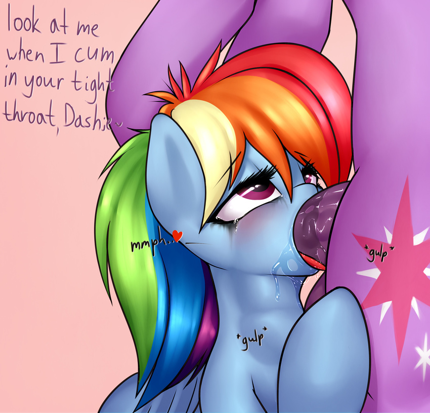 &lt;3 2016 balls blush cutie_mark deep_throat dialogue duo elzzombie english_text equine female feral friendship_is_magic hair hi_res horse intersex makeup male mammal mascara mascara_tears multicolored_hair my_little_pony neck_bulge oral pegasus penis pony purple_balls rainbow_dash_(mlp) rainbow_hair running_makeup simple_background tears text tongue tongue_out twilight_sparkle_(mlp) wings