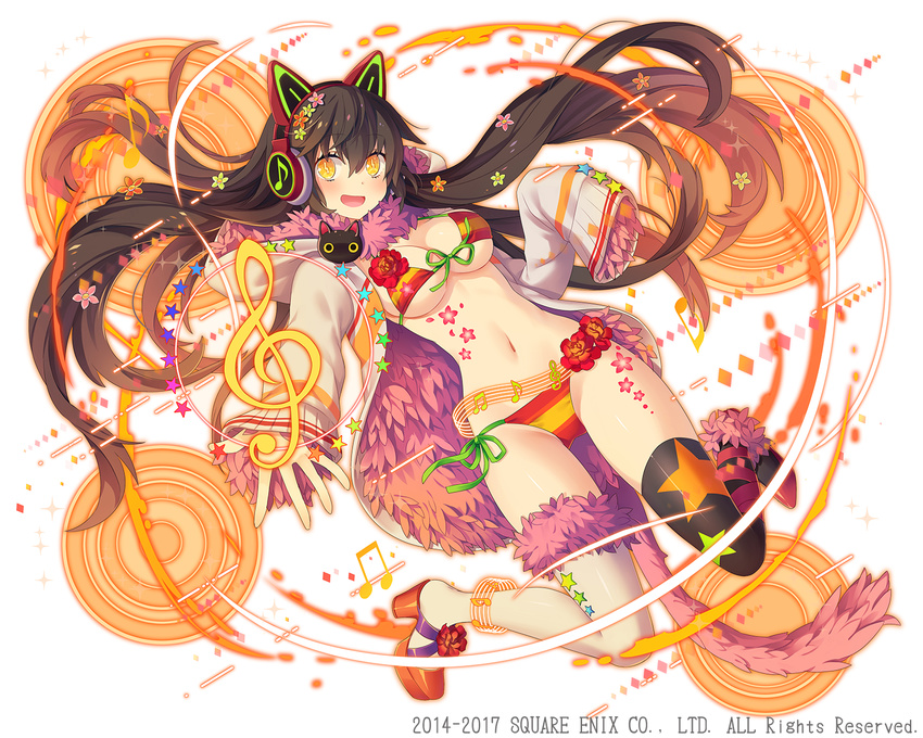 animal_ears beamed_eighth_notes bikini black_hair black_legwear blush breasts cat_ears cleavage eighth_note eighth_rest eyebrows_visible_through_hair fake_animal_ears flower hair_flower hair_ornament headphones high_heels highres kai-ri-sei_million_arthur large_breasts long_hair looking_at_viewer million_arthur_(series) musical_note natsumekinoko navel official_art open_mouth quarter_note smile solo staff_(music) swimsuit thighhighs treble_clef