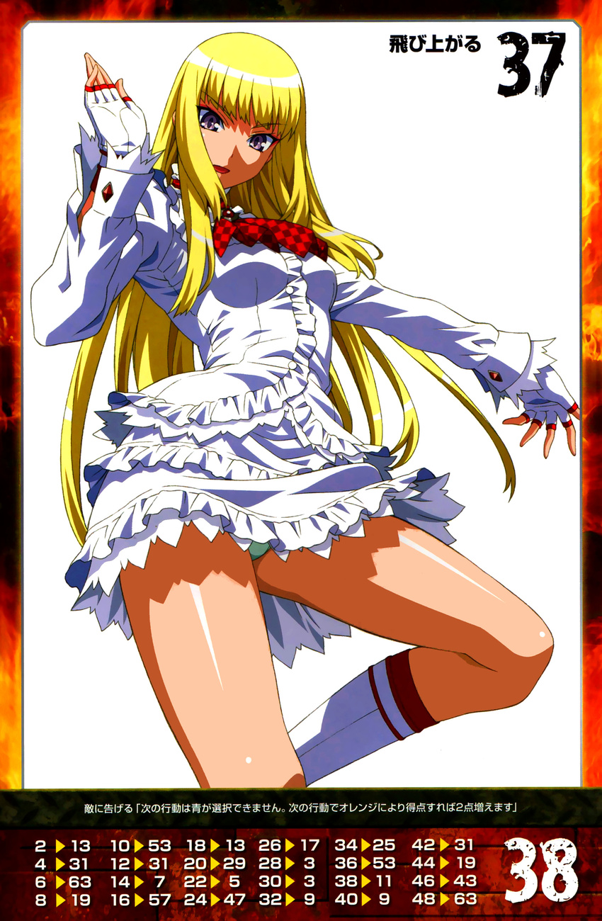 absurdres bangs blonde_hair boots breasts detached_sleeves eyebrows_visible_through_hair fingerless_gloves frilled_panties frilled_skirt frills gloves highres knee_boots lili_(tekken) long_hair long_sleeves looking_at_viewer medium_breasts morita_kazuaki official_art panties purple_eyes queen's_gate simple_background skirt smile solo tekken underwear white_background