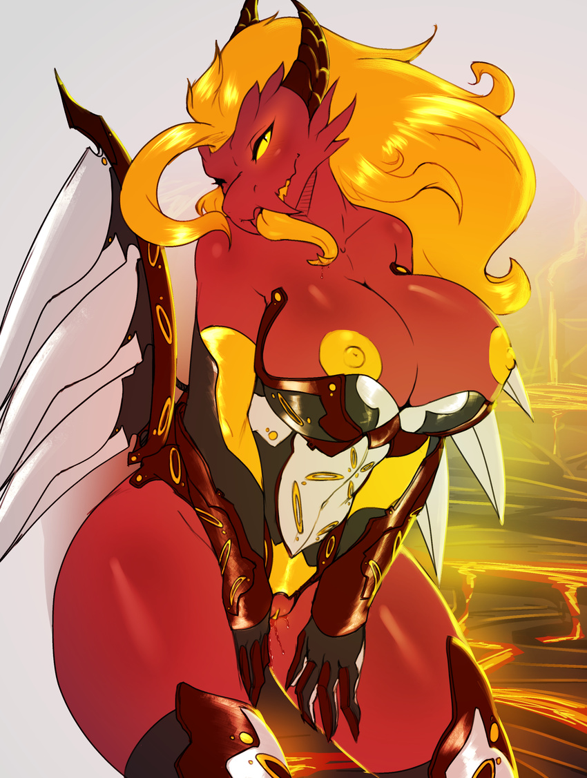 2015 anthro areola armor avante92 big_breasts blonde_hair breasts clothing dragon female forked_tongue gauntlets gloves hair hi_res horn lava long_tongue nipples pussy pussy_juice red_body scalie slit_pupils solo tongue unconvincing_armor wings yellow_eyes yellow_nipples yellow_pussy