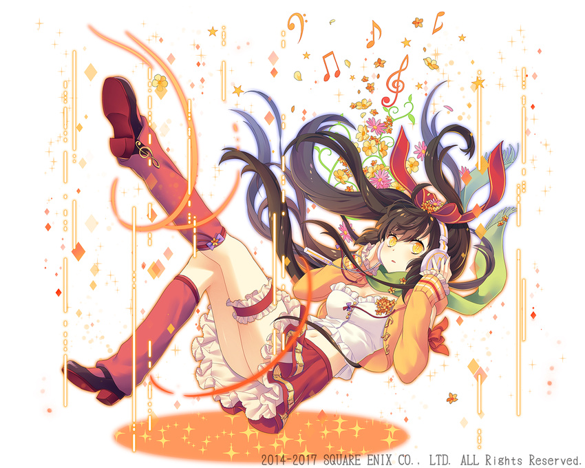 adjusting_headphones beamed_eighth_notes black_hair blush breasts cleavage eighth_note eyebrows_visible_through_hair flower green_scarf hair_ribbon high_heels highres kai-ri-sei_million_arthur large_breasts long_hair looking_at_viewer million_arthur_(series) musical_note natsumekinoko navel official_art parted_lips red_ribbon red_skirt ribbon scarf skirt solo treble_clef yellow_eyes