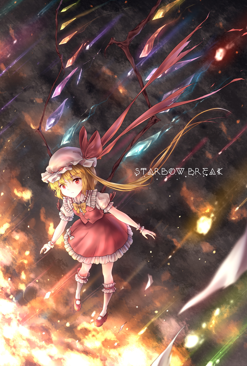 blonde_hair bow bowtie danmaku flandre_scarlet frilled_shirt frilled_skirt frills frown glowing hat hat_ribbon highres long_hair looking_at_viewer minust mob_cap puffy_short_sleeves puffy_sleeves red_eyes red_shirt red_skirt ribbon shirt short_sleeves side_ponytail skirt skirt_set slit_pupils solo touhou wings wrist_cuffs