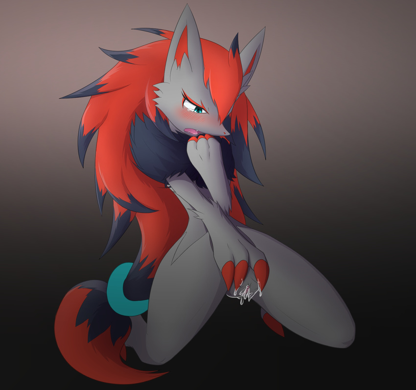 anthro aoinu black_fur blue_eyes blush canine claws clitoris female fur grey_fur hair hi_res kneeling mammal masturbation multicolored_hair nintendo open_mouth pok&eacute;mon pussy pussy_juice red_hair solo vaginal vaginal_masturbation video_games zoroark