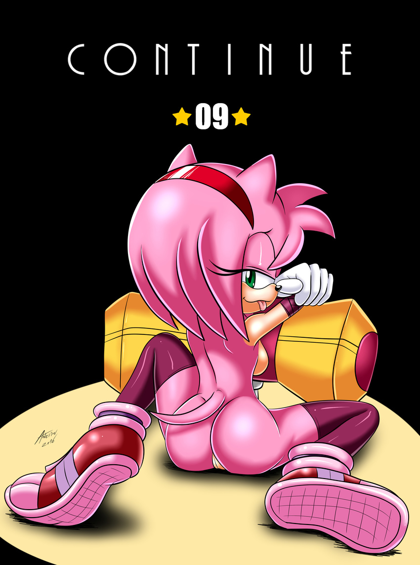 2016 absurd_res amy_rose andersonicth anthro back_boob black_nose breasts butt clothing english_text female footwear gloves green_eyes hair half-closed_eyes hammer headband hedgehog hi_res legwear mammal naughty_face nude piko_piko_hammer pink_hair pussy short_hair signature sitting smile solo sonic_(series) sonic_boom text tongue tongue_out tools video_games