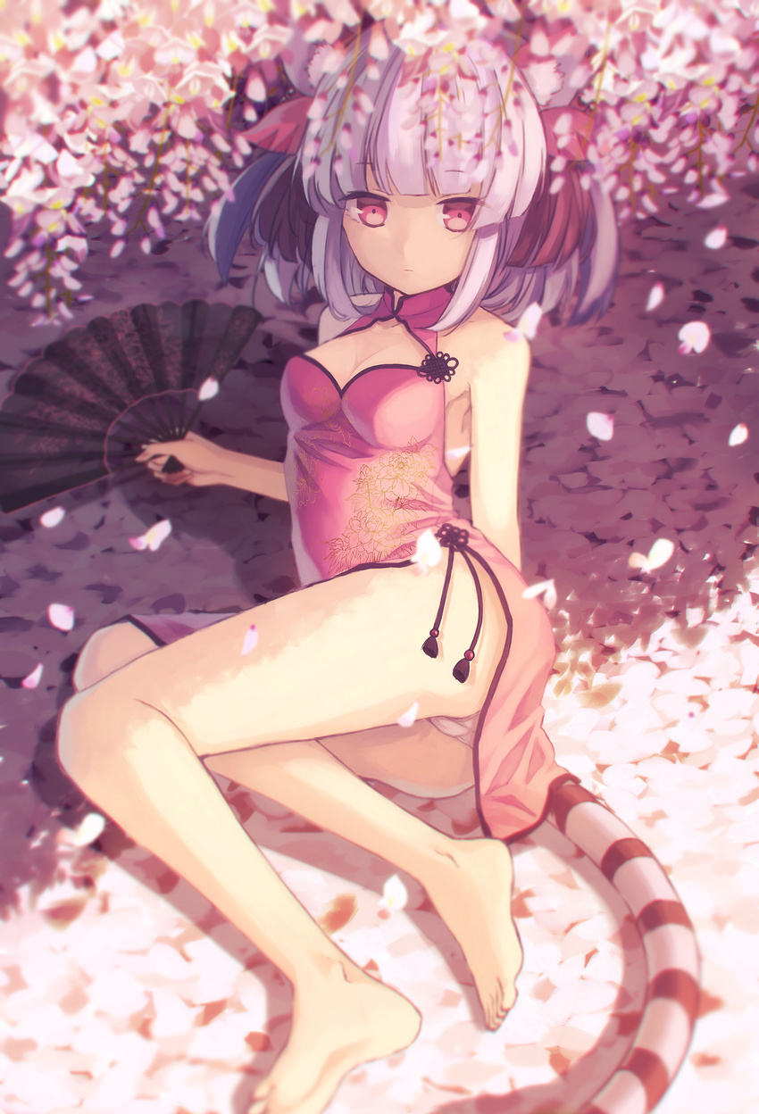 absurdres animal_ears armpits bare_shoulders barefoot breasts cherry_blossoms china_dress chinese_clothes cleavage cleavage_cutout closed_mouth dress fan feet folding_fan hair_ornament haku_(p&amp;d) highres lavender_hair looking_at_viewer lying multicolored_hair on_side panties pantyshot petals purple_hair puzzle_&amp;_dragons red_eyes short_hair small_breasts solo squallea striped_tail tail tiger_ears tiger_tail two-tone_hair underwear white_panties