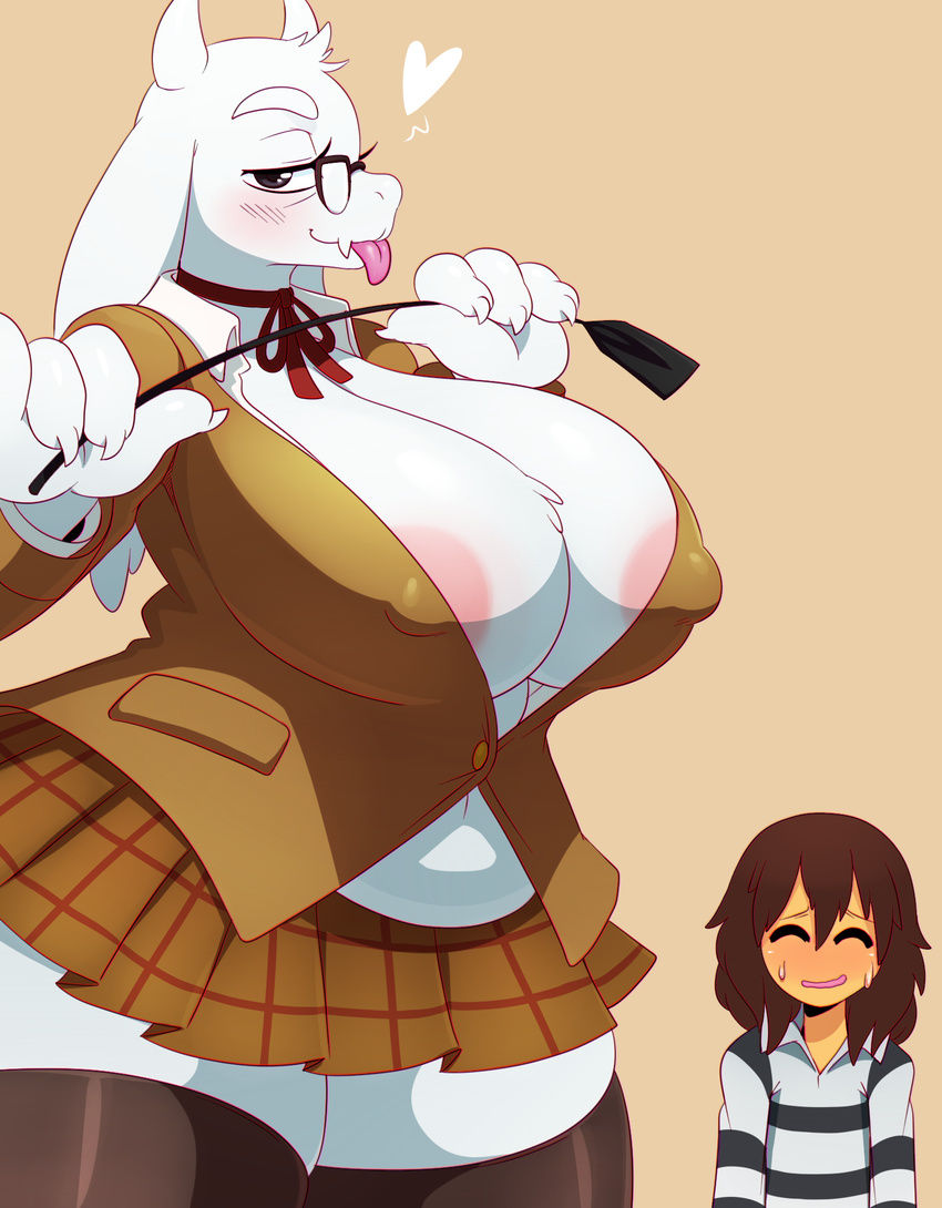 &lt;3 2015 ambiguous_gender anthro areola big_breasts blush boss_monster breasts caprine claws cleavage clothed clothing cosplay duo eyes_closed eyewear fangs female fur glasses goat hair hi_res horn huge_breasts human legwear long_ears looking_at_viewer mammal mature_female miniskirt mother nipple_bulge parent prison_school protagonist_(undertale) riding_crop shiraki_meiko simple_background skirt slightly_chubby sssonic2 stockings sweat tight_clothing tongue tongue_out toriel undertale video_games voluptuous whip white_fur wide_hips