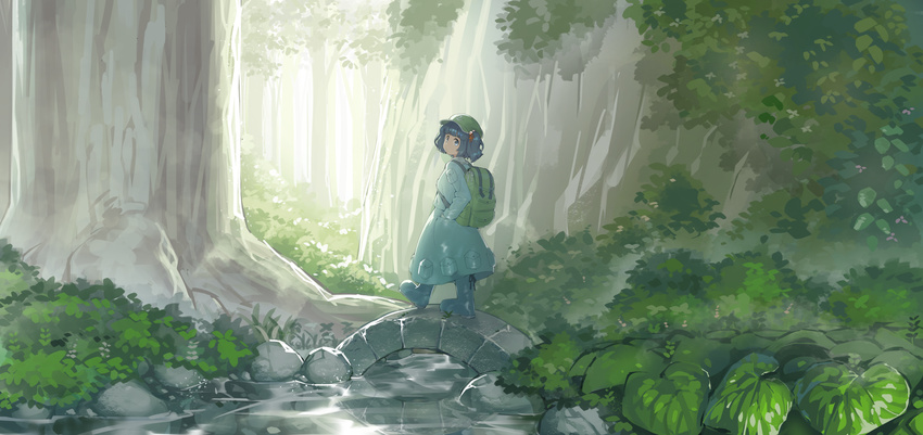 backpack bag blue_eyes blue_hair blue_skirt boots bridge day forest hair_bobbles hair_ornament hair_ribbon hands_in_pockets hat highres kawashiro_nitori leaf long_sleeves looking_at_viewer monosenbei nature outdoors pocket red_ribbon ribbon rubber_boots scenery skirt solo touhou tree two_side_up walking water